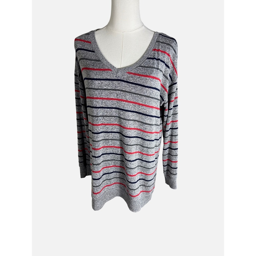 Peyton Jensen Heathered Gray Striped V-Neck Sweater Red Navy Blue Pullover Top